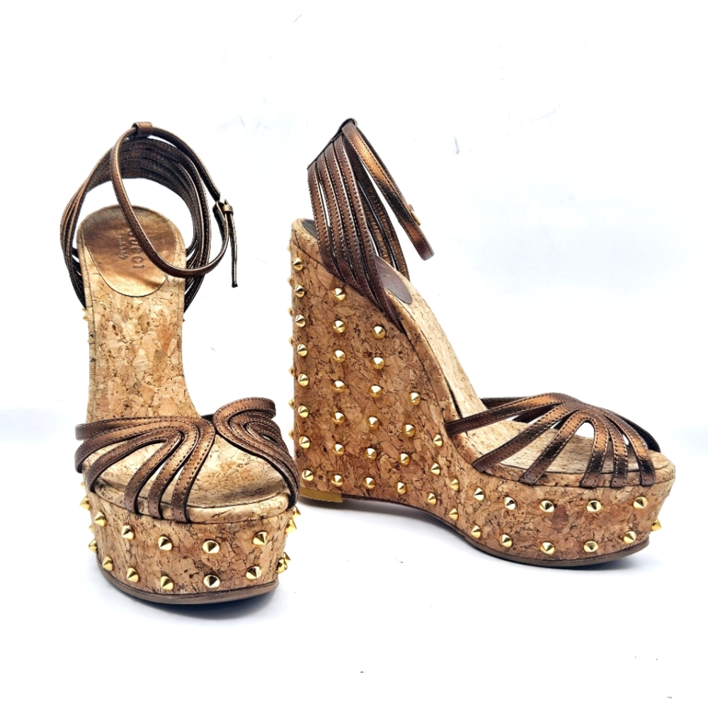 Brown Wedge Sandals with Gold Accents